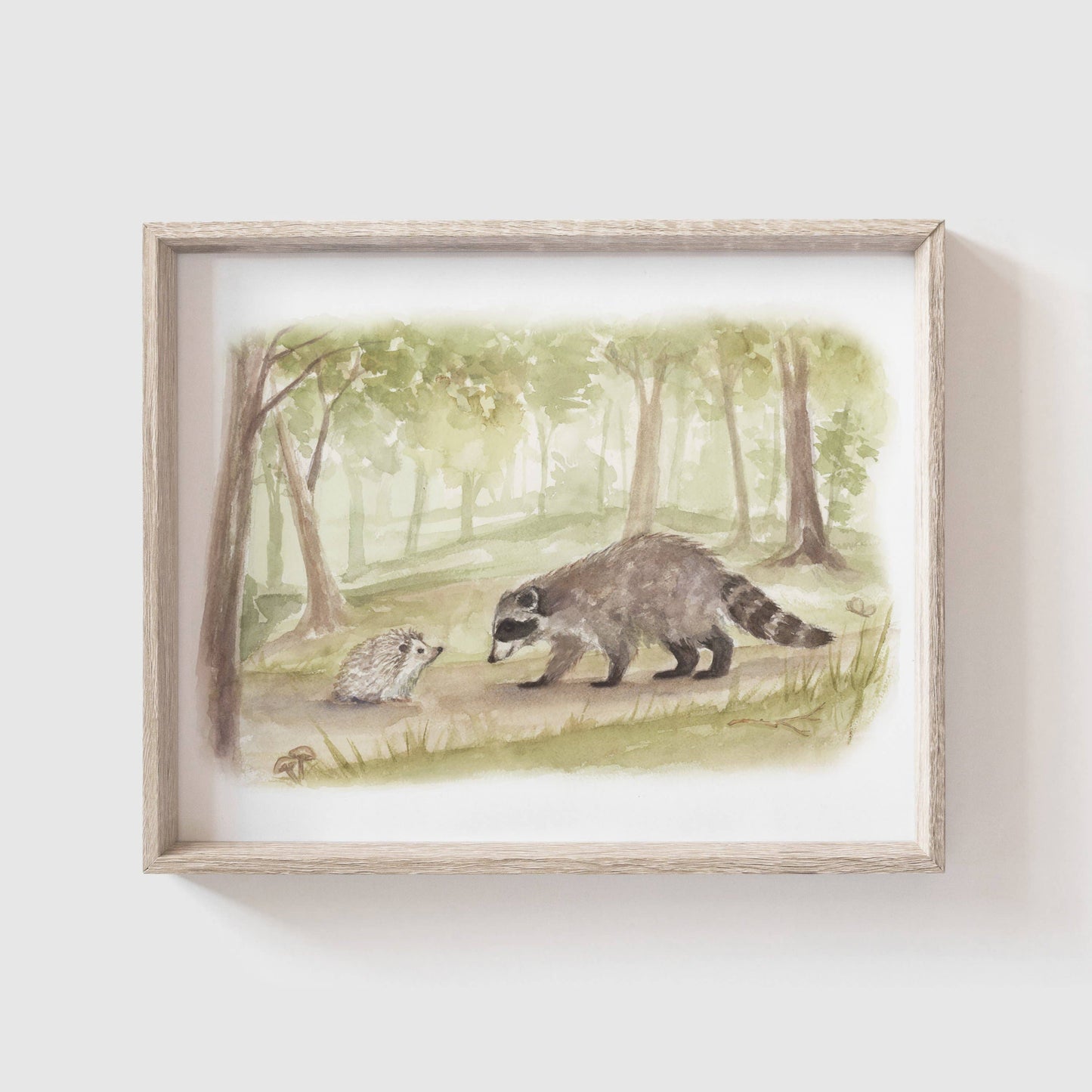 Hedgehog Meets Raccoon Art Print